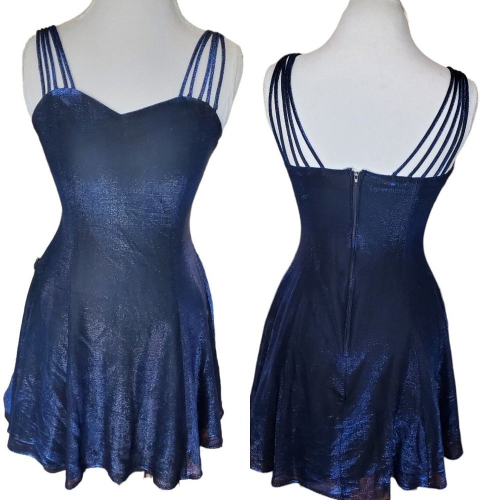 Vintage‎ 90s Metallic Blue Strappy Mini Dress Formal 8 Hoco Prom Formal Party